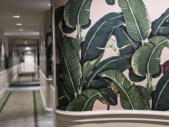 The signature banana leaf wallpaper at the Beverly Hills Hotel