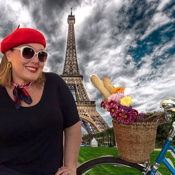 I rolled my old cruiser bike into my living room and filled the basket with fresh flowers and baguettes as that was my memory of Paris, as if riding back from the market past the Eiffel Tower as my virtual backdrop, sporting my beret