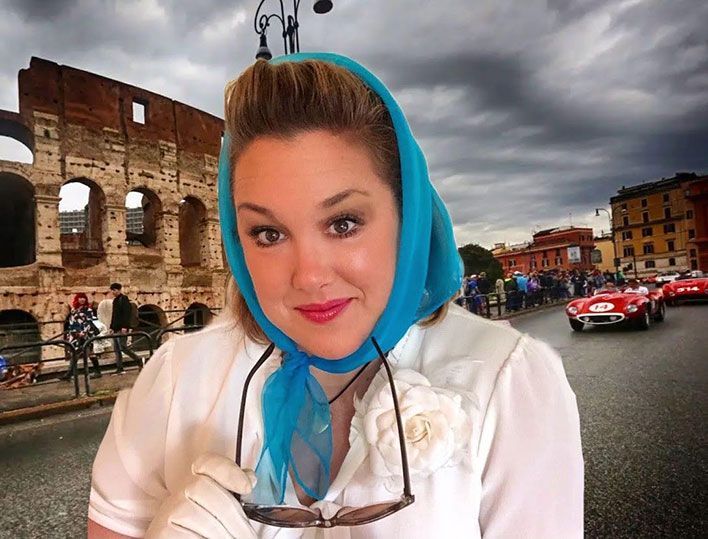 Using a virtual backdrop of the Rome Colosseum and vintage Ferraris, my hair in a pompadour tied down with a chiffon scarf, driving gloves and cat eye sunglasses.