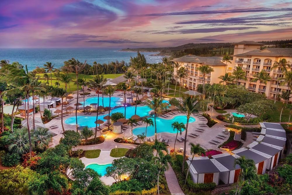 The Ritz-Carlton Maui, Kapalua aerial view of the resort at sunset