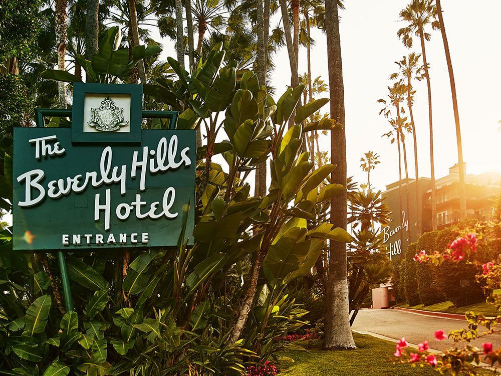 Beverly Hills Hotel entrance sign and gardens